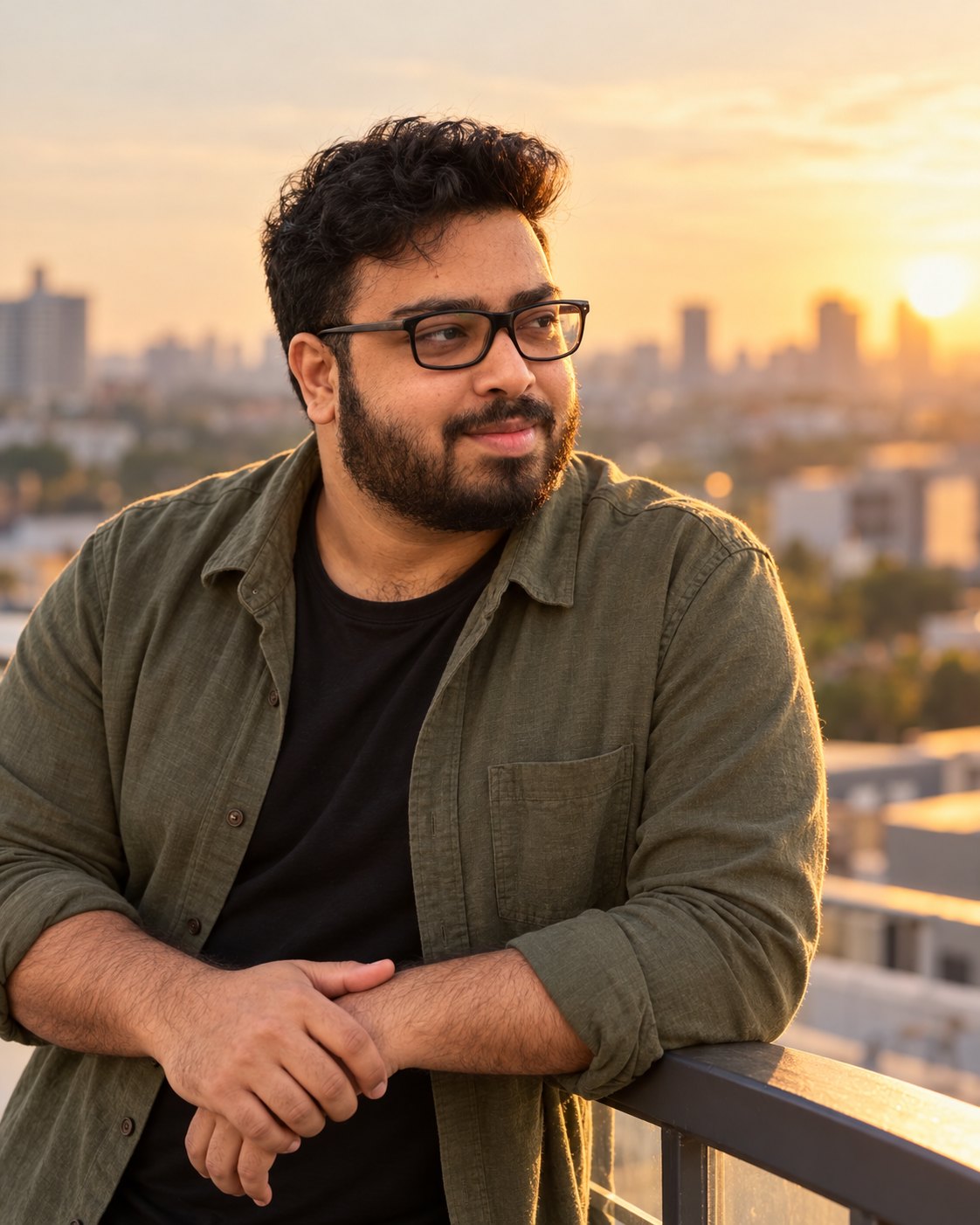 Amitrosudan Basu at sunset on a rooftop