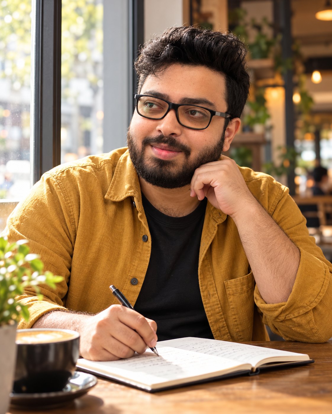 Amitrosudan Basu writing in a notebook at a café table
