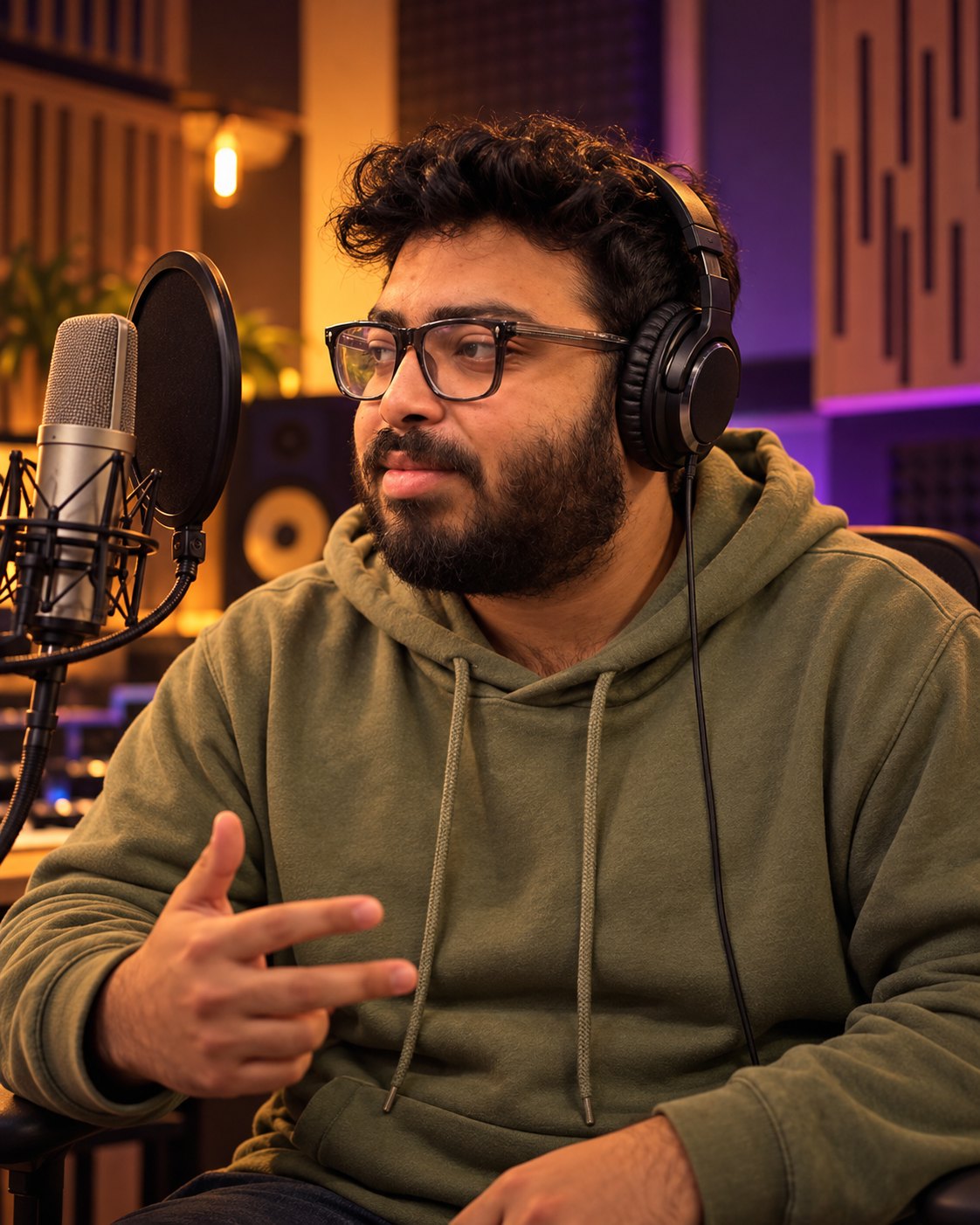 Amitrosudan Basu at a studio microphone wearing headphones
