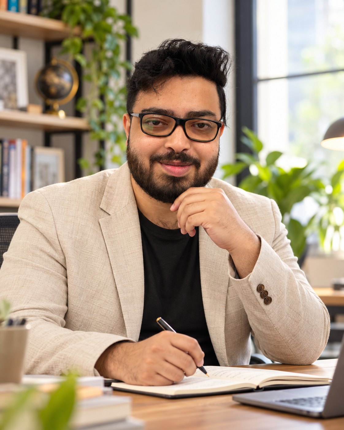 Amitrosudan Basu at a desk writing in a notebook