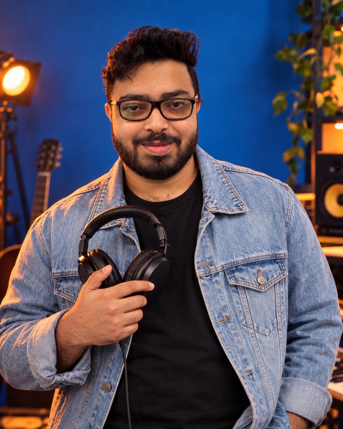Amitrosudan Basu holding headphones in a denim jacket