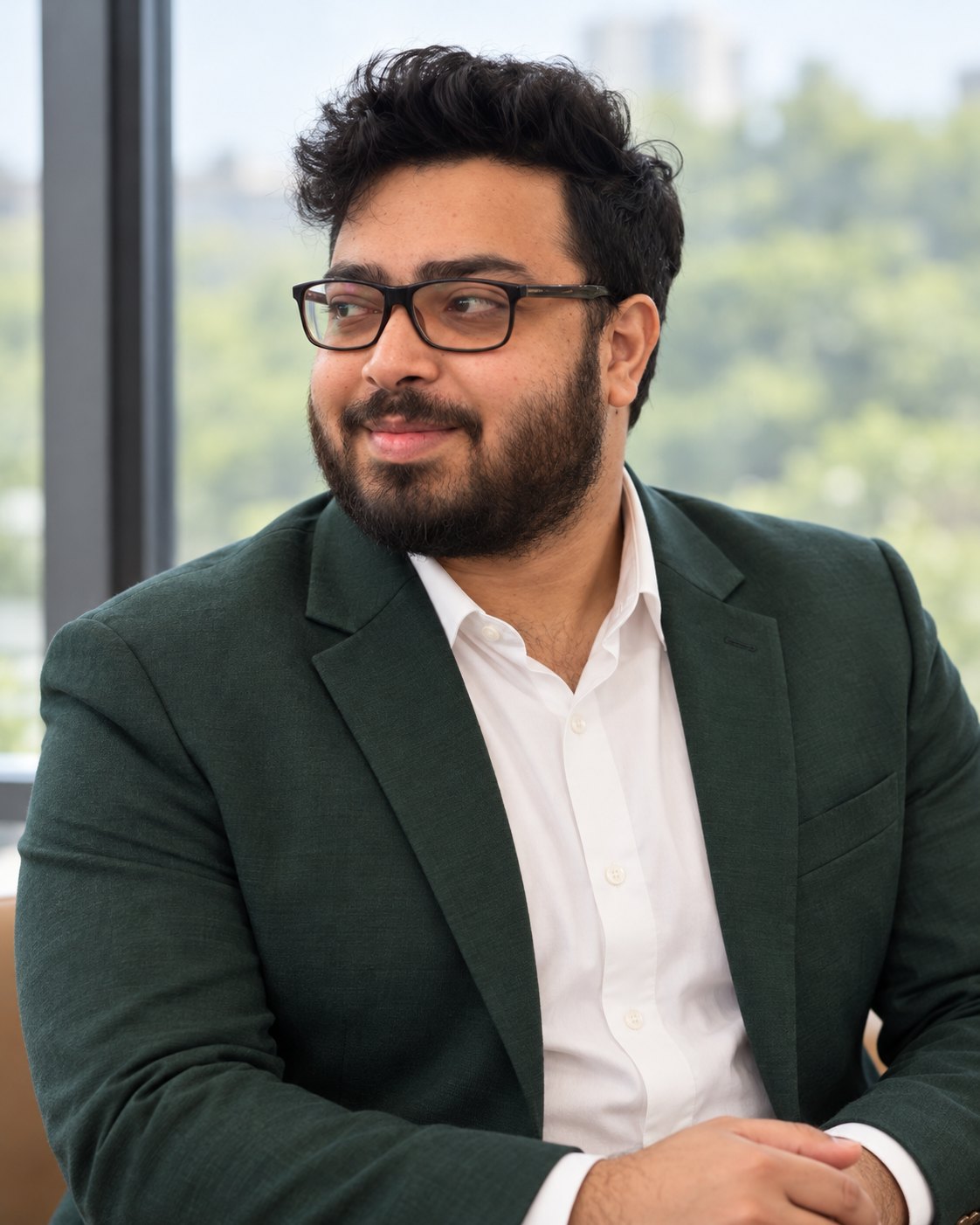 Amitrosudan Basu in a green blazer by a window