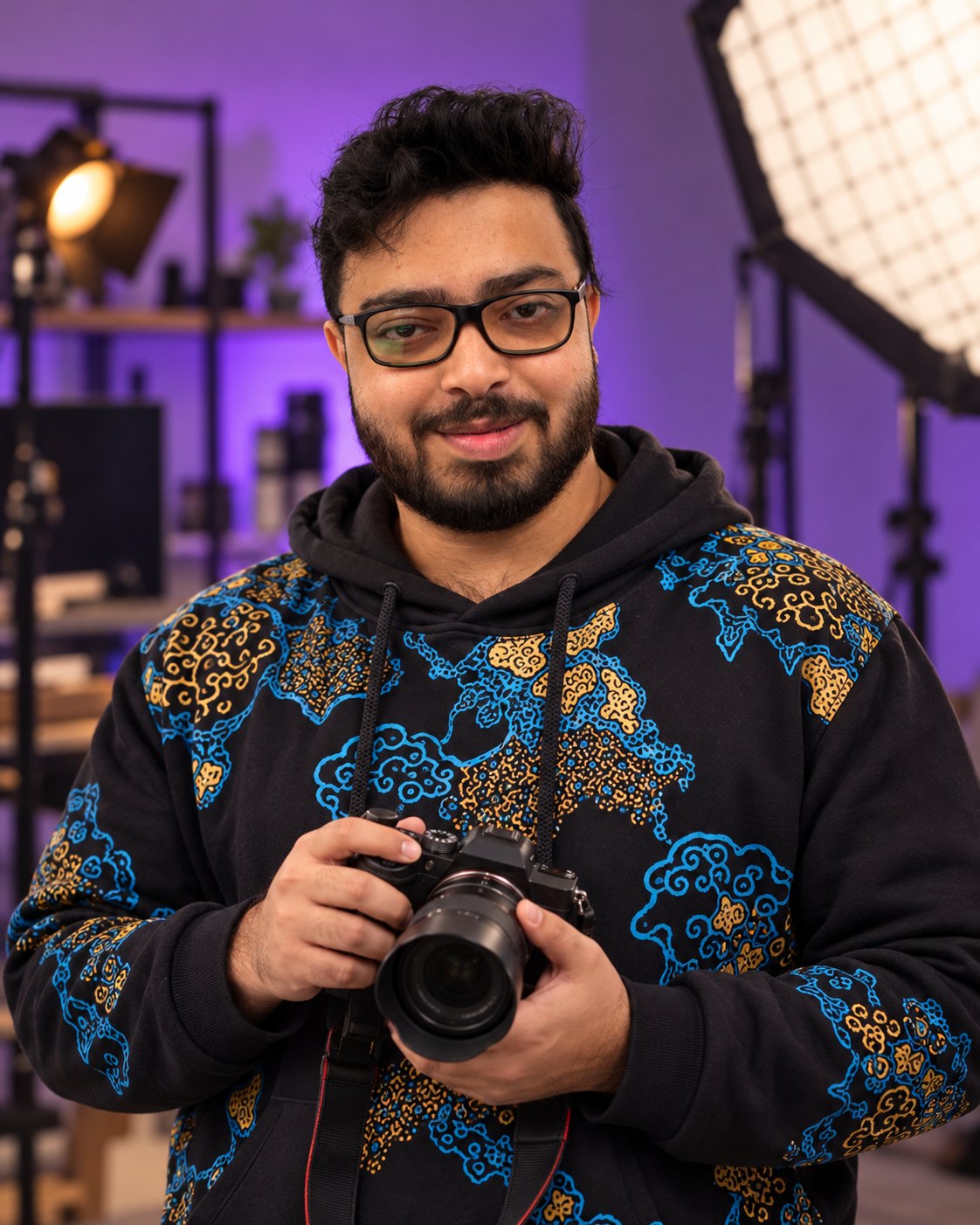 Amitrosudan Basu holding a camera in a studio