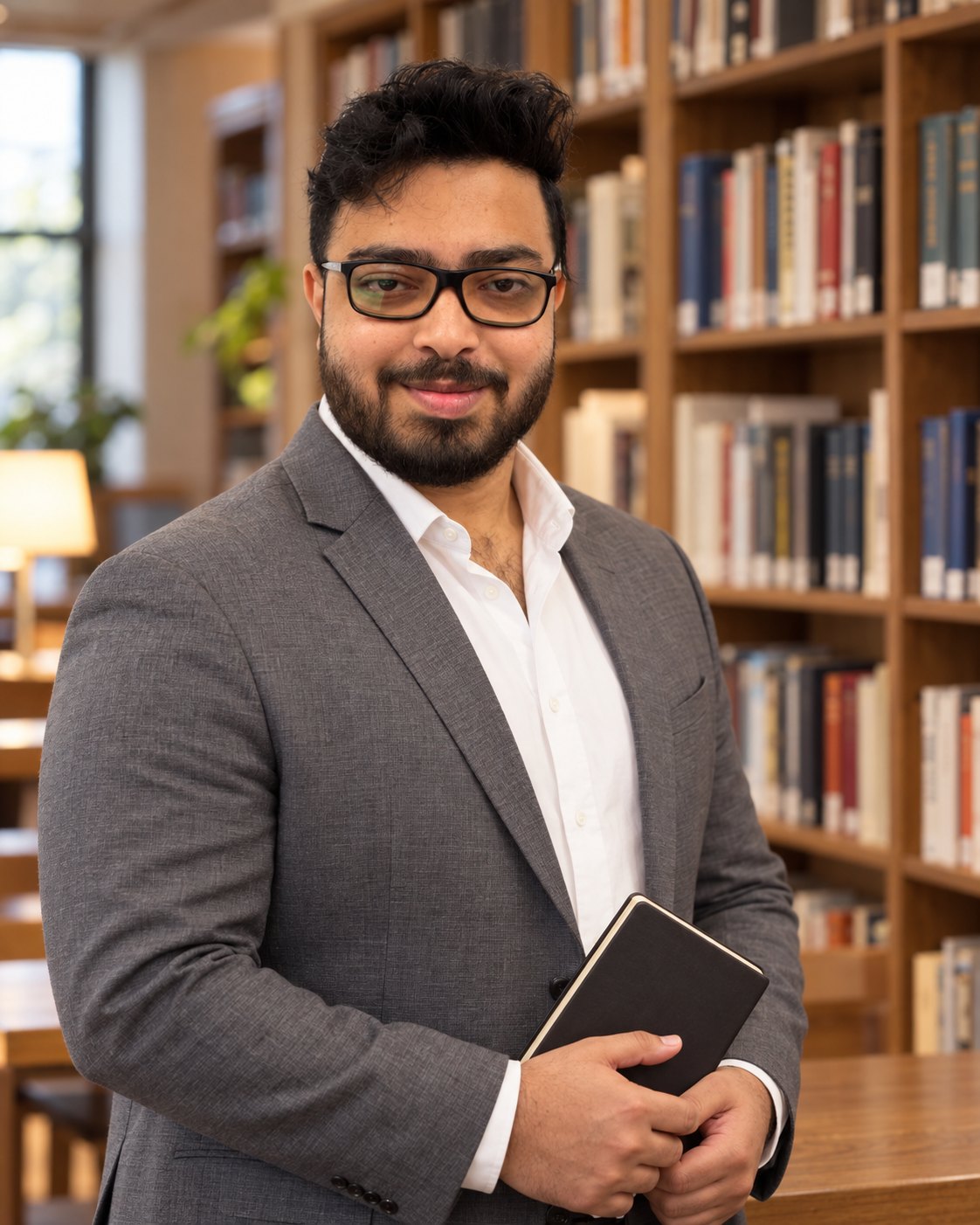 Amitrosudan Basu in a library holding a notebook