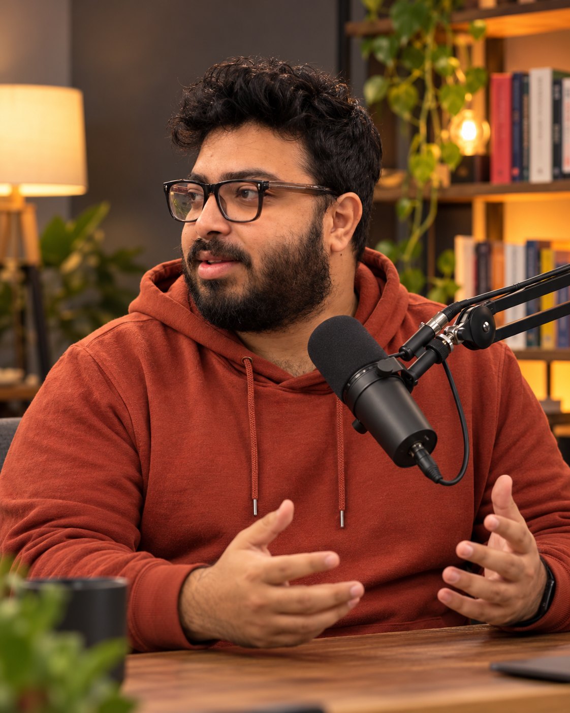 Amitrosudan Basu speaking into a podcast microphone